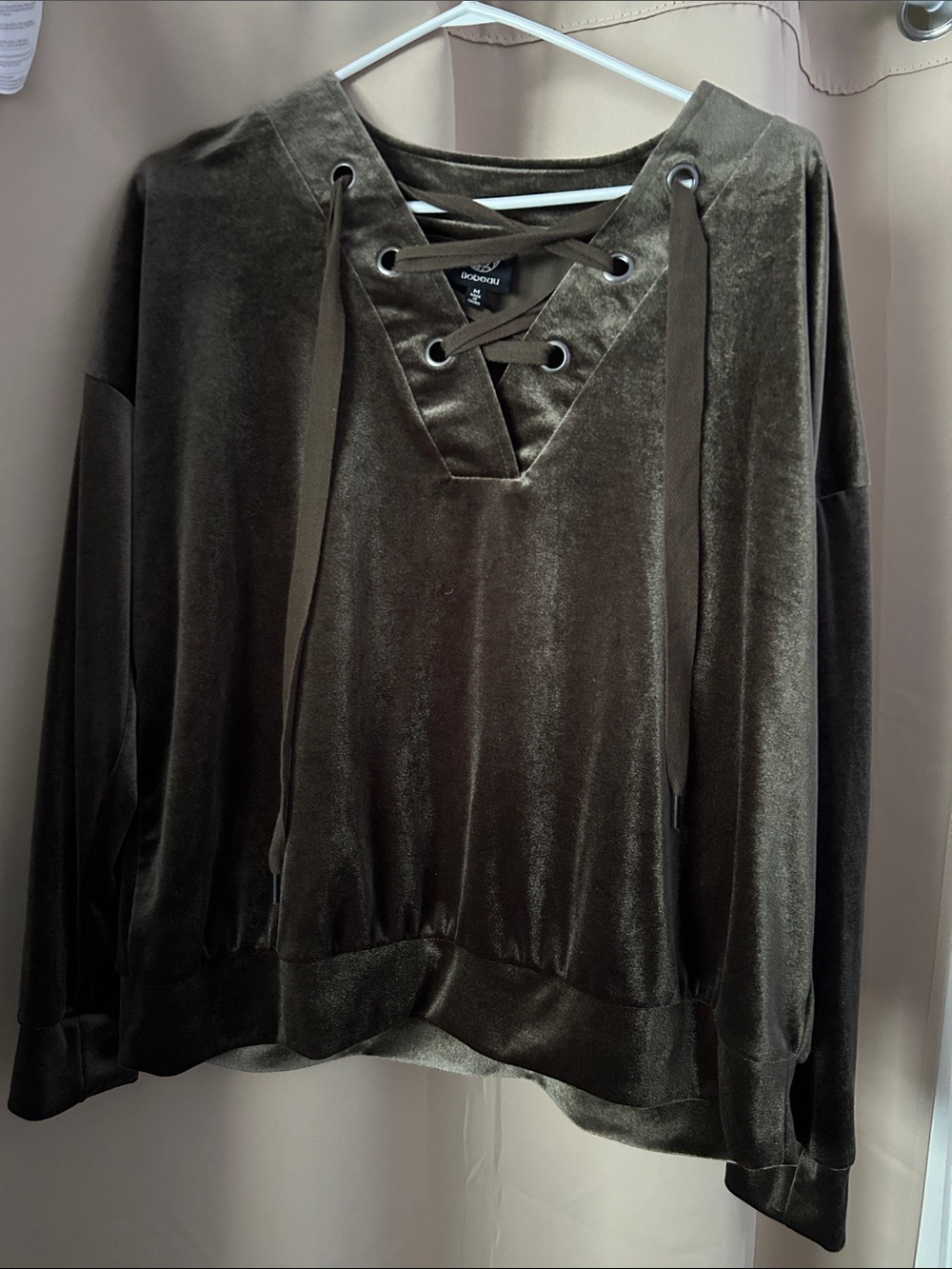 bobeau Olive Velvet Lace-Up V-Neck Pullover